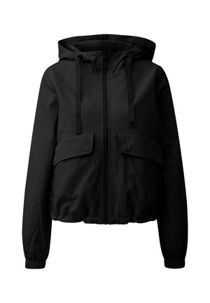 Schwarze Kapuzenjacke mit Frontreißverschluss, zwei großen Klappentaschen, elastischen Bündchen und Kordelzügen an der Kapuze, auf weißem Hintergrund dargestellt.