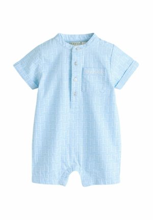 Light blue short-sleeve romper with a textured pattern, a front pocket, three buttons, and a round collar. Features subtle branding.