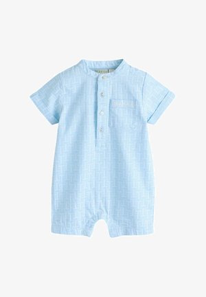 Šviesiai mėlynas trumpomis rankovėmis kombinezonas su tekstūruotu raštu, priekyje kišenė, trys mygtukai ir apvalus apykaklis. Subtilus prekės ženklo ženklinimas.