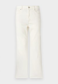 Τζιν παντελόνι σε κρεμ χρώμα με ίσια γραμμή και ψηλή μέση, με μπροστινές τσέπες, κλείσιμο με κουμπί και θηλιές για ζώνη, σε απλό φόντο.