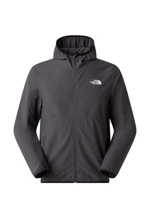 Grå hættejakke lavet af blødt, let materiale. Har fuld lynlås og logo på venstre bryst. Glat tekstur, enkelt design.