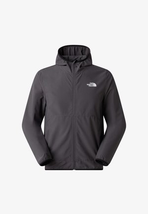 Grå hættejakke lavet af blødt, let materiale. Har fuld lynlås og logo på venstre bryst. Glat tekstur, enkelt design.