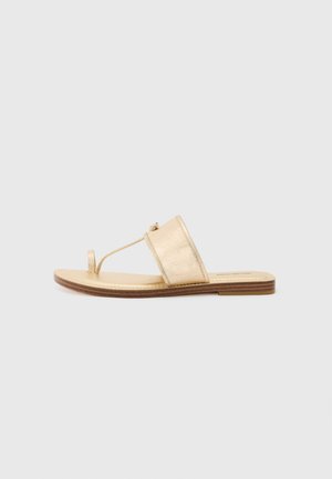 Gold flat sandals with a smooth, metallic-textured upper, toehold, wide strap, and a brown sole. Minimalistic design with no additional embellishments.