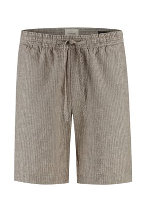 Jasnobrązowe męskie szorty z cienkimi białymi pionowymi paskami, elastyczną talią i sznurkiem do wiązania z przodu.