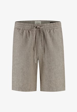 Pantaloncini da uomo marrone chiaro con sottili righe verticali bianche, fascia elastica in vita e laccio frontale.