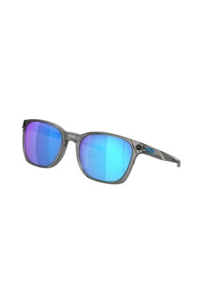 Occhiali da sole con montatura grigia e lenti specchiate blu e viola. Presentano un'asta con texture e il logo del marchio sul lato per maggiori dettagli.