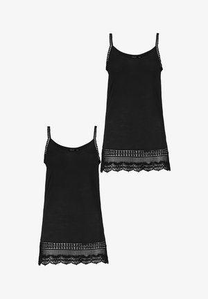 Schwarze Tanktops mit dünnen Trägern, versehen mit aufwändiger Spitze am Saum, strukturiert mit geometrischen Mustern. Weicher, leichter Stoff.