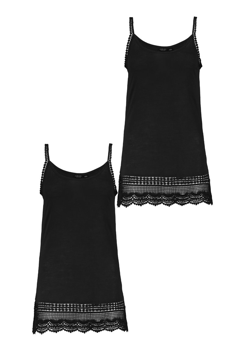Schwarze Tanktops mit dünnen Trägern, versehen mit aufwändiger Spitze am Saum, strukturiert mit geometrischen Mustern. Weicher, leichter Stoff.