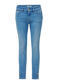 Jeans ajustados en denim azul claro, con una cintura alta, bolsillos delanteros y detalles de botón en el tobillo, que exhiben una textura suave.