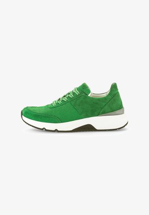 Green sneakers made of suede and mesh with a textured upper, white sole, and green laces. Features a contrasting heel accent.