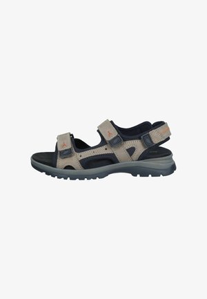 Men’s outdoor sandal with beige and black fabric straps, adjustable Velcro closures, and rugged gray sole for traction and comfort.
