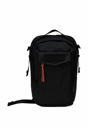 Black backpack made of durable fabric, featuring a front pocket with an orange zipper pull. Accented with embossed logo detail.