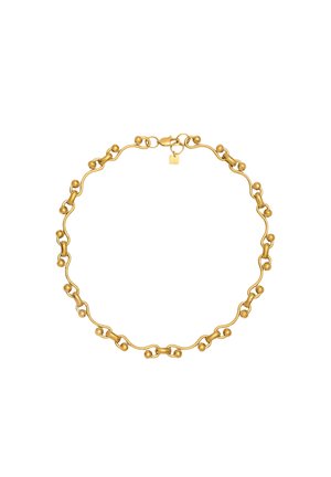 Złoty metalowy naszyjnik z falistym wzorem łańcuszka, z okrągłymi koralikami rozmieszczonymi w odstępach. Zapięcie typu lobster zapewniające pewne trzymanie.