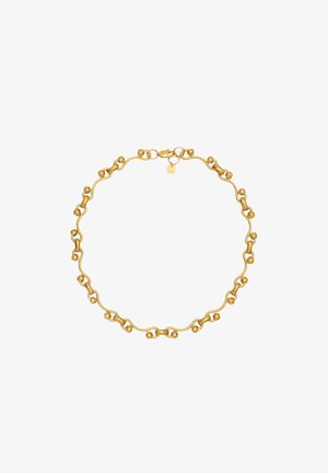 Kultaketju, jossa on aaltoileva ketjumalli ja pyöreitä helmiä, jotka on sijoitettu väliin. Rapu-lukko turvalliseen kiinnittämiseen.