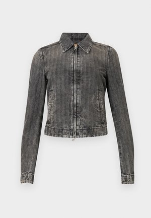 Denim jacket in faded black with a zippered front, pointed collar, and two side pockets; features vertical stripe texture and a cropped fit.