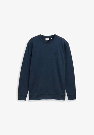 Sweatshirt bleu marin din țesătură moale, texturată. Dispune de guler rotund, mâneci lungi și o mică etichetă cu logo pe piept. Design simplu.