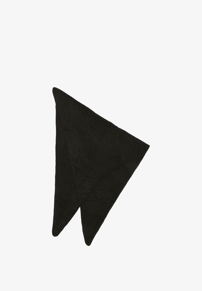 Foulard triangulaire noir en tissu doux, présentant une texture lisse et des extrémités pointues. Design simple et dépouillé.