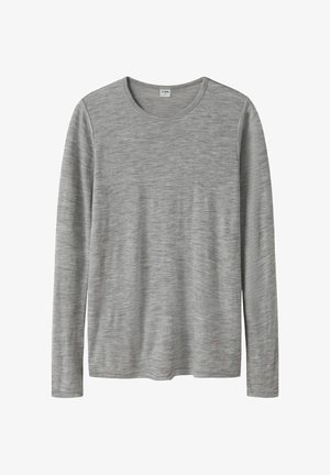 Langärmliges T-Shirt mit Rundhalsausschnitt in Hellgrau, aus weichem, strukturiertem Stoff mit einem dezenten Melange-Muster. Einfaches Design und lockere Passform.