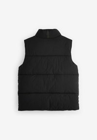 Gilet imbottito senza maniche nero con colletto alto, caratterizzato da sezioni trapuntate orizzontali e una texture liscia e opaca. Nessun hardware visibile.