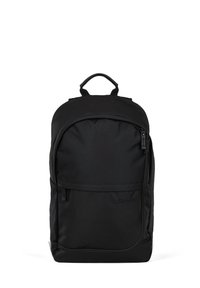 Zaino nero con finitura in tessuto liscio, parte superiore arrotondata, tasca frontale con zip e manico superiore per una facile presa.