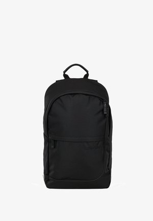 Black backpack featuring a smooth fabric finish, rounded top, front zip pocket, and a top handle for easy carrying.