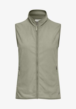 Hellgrüner Fleece-Weste mit hohem Kragen, durchgehendem Reißverschluss vorne und zwei seitlichen Reißverschluss-Taschen. Weiche Textur, ärmelloses Design.