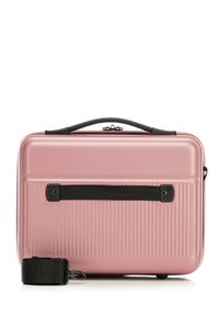 Pink hard-shell case with a textured surface, featuring a black strap, top handle, and zipper closure. Compact rectangular design.