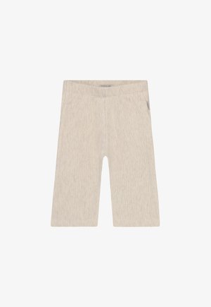 Lichtgrijze, ribbelstof shorts met een elastische tailleband. Heeft gestikte details en een klein merklabel aan de zijkant.