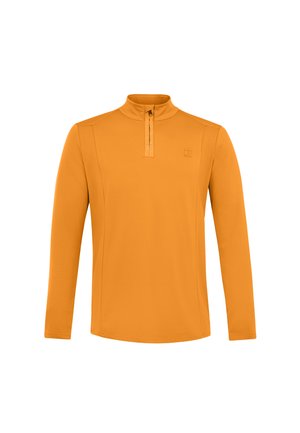 Pullover arancione a maniche lunghe con zip a un quarto e colletto alto, caratterizzato da sottili dettagli di cucitura verticale e un piccolo logo sul petto.