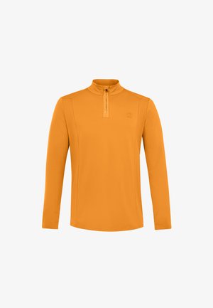 Pullover arancione a maniche lunghe con zip a un quarto e colletto alto, caratterizzato da sottili dettagli di cucitura verticale e un piccolo logo sul petto.
