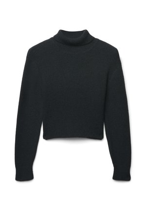 Maglione nero corto con collo alto, realizzato in materiale a maglia testurizzato, maniche lunghe e vestibilità morbida.