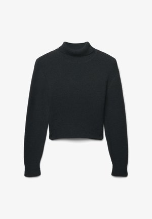 Maglione nero corto con collo alto, realizzato in materiale a maglia testurizzato, maniche lunghe e vestibilità morbida.