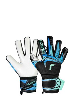 Paar blaue, schwarze und weiße Reusch Torwarthandschuhe mit gepolsterten Handflächen und verstellbaren Handgelenksriemen, vorne und hinten gezeigt.