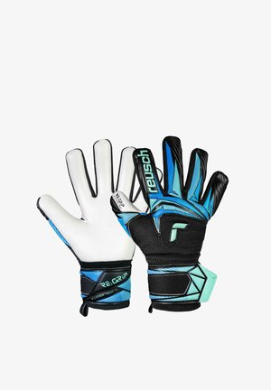 Pair of blue, black, and white Reusch goalkeeper gloves with padded palms and adjustable wrist straps shown front and back.