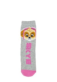 Calcetín gris hasta el tobillo con un diseño de cara de perro de dibujo animado y acentos en rosa. La palabra "SKYE" está impresa en letras rosas en negrita.