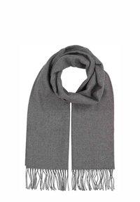 Sciarpa di lana grigia con estremità sfrangiate, caratterizzata da una texture morbida e un design sobrio. Piegata a loop per l'esposizione.