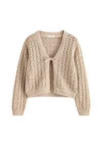 Strikket cardigan i lys beige med V-udskæring, åben front med sløjfedetalje og et tekstureret, hulmønster. Kort længde.