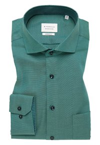 Camicia verde con bottone, dal fit moderno, caratterizzata da un colletto strutturato, bottoni neri e un tessuto a fantasia contrastante all'interno del colletto.