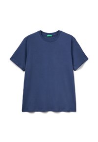 Námořnická modrá bavlněná tričko s kulatým výstřihem, krátkým rukávem a rovnými lemy. Na spodní levé straně je malé logo.