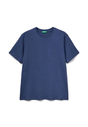 Dunkelblaues Baumwoll-T-Shirt mit Rundhalsausschnitt, kurzen Ärmeln und geradem Saum. Verfügt über ein kleines Logostitching auf der linken unteren Seite.