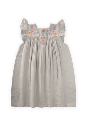Helles graues Baumwollkleid mit schmalen Flügelärmeln, verziert mit buntem floralem Stickmuster an der Passe und gerafften Falten für Volumen.