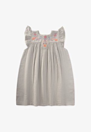 Heled halli puuvillane kleit, millel on libisevad varrukad, kaunistatud värvikate lillemusteritega yoke'il ja kogutud voltidega mahu lisamiseks.