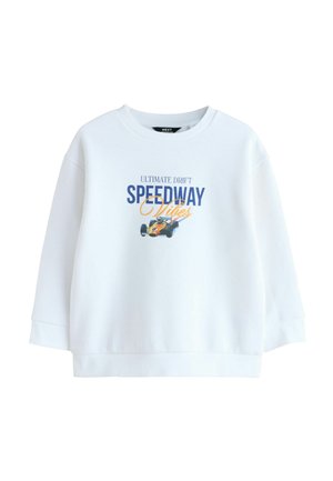 White long-sleeve crewneck sweatshirt with "Ultimate Drift Speedway Vibes" text and graphic of a yellow race car on front.