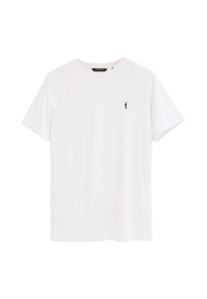 Wit T-shirt met korte mouwen en ronde hals met klein zwart polo-speler logo op de linkerborst en zwart binnenlabel in de nek.