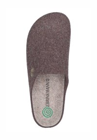 Brown felt slipper with a smooth surface, open back, and a green spiral logo on the insole. Features a grey interior lining.