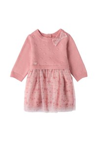 Rosa gestricktes Kleid mit langen Ärmeln, strukturiertem Oberteil und Rock aus blütenmusterndem Tüll. Mit einer Schleifenakzent an der Schulter und einem Herzdetail.