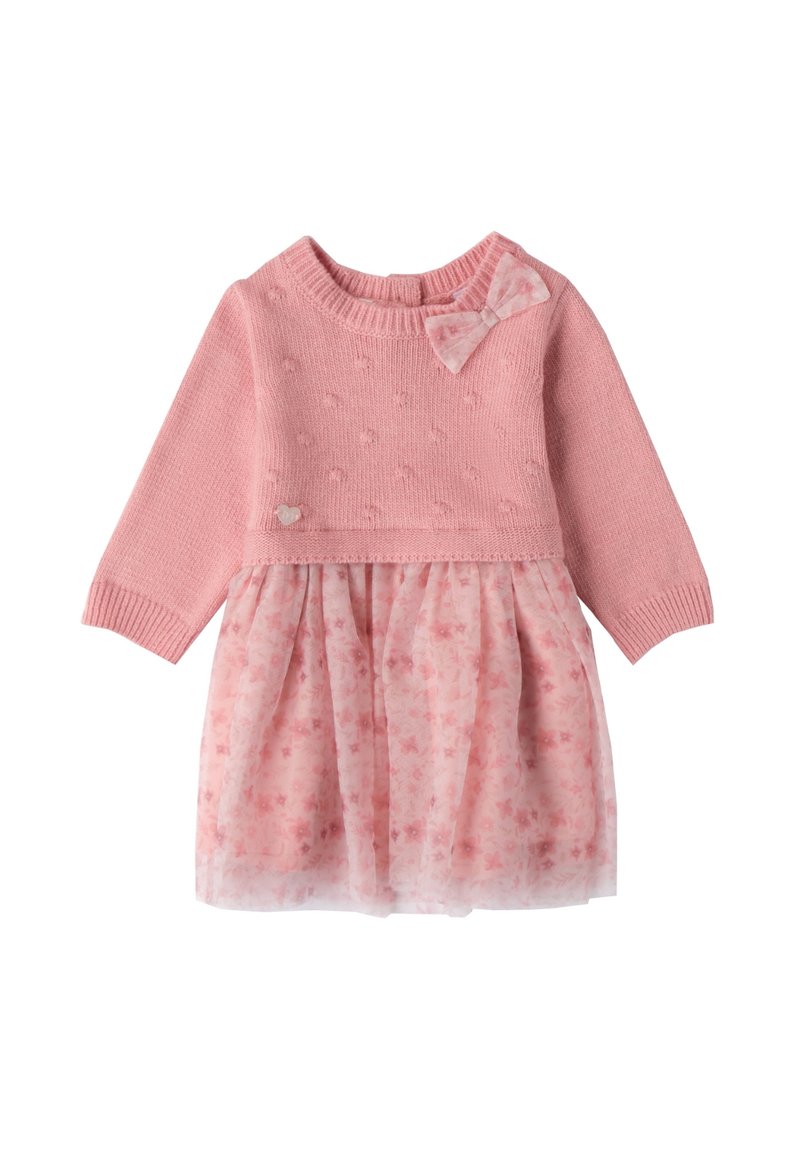 Rosa gestricktes Kleid mit langen Ärmeln, strukturiertem Oberteil und Rock aus blütenmusterndem Tüll. Mit einer Schleifenakzent an der Schulter und einem Herzdetail.
