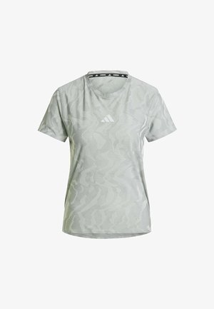 Lysegrøn atletisk T-shirt med et vævet mønster, rund halsudskæring, korte ærmer og et lille logo på fronten. Fremstillet af åndbart materiale.