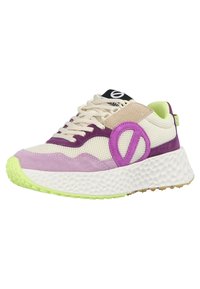 Multicolored sneaker featuring a mesh upper in cream, purple suede accents, a prominent purple logo, and a textured white sole with green highlights.