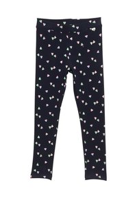Leggings de color navy con una textura acanalada, con un patrón disperso de pequeños corazones en tonos rosa, verde y blanco por toda la prenda. Cintura elástica.